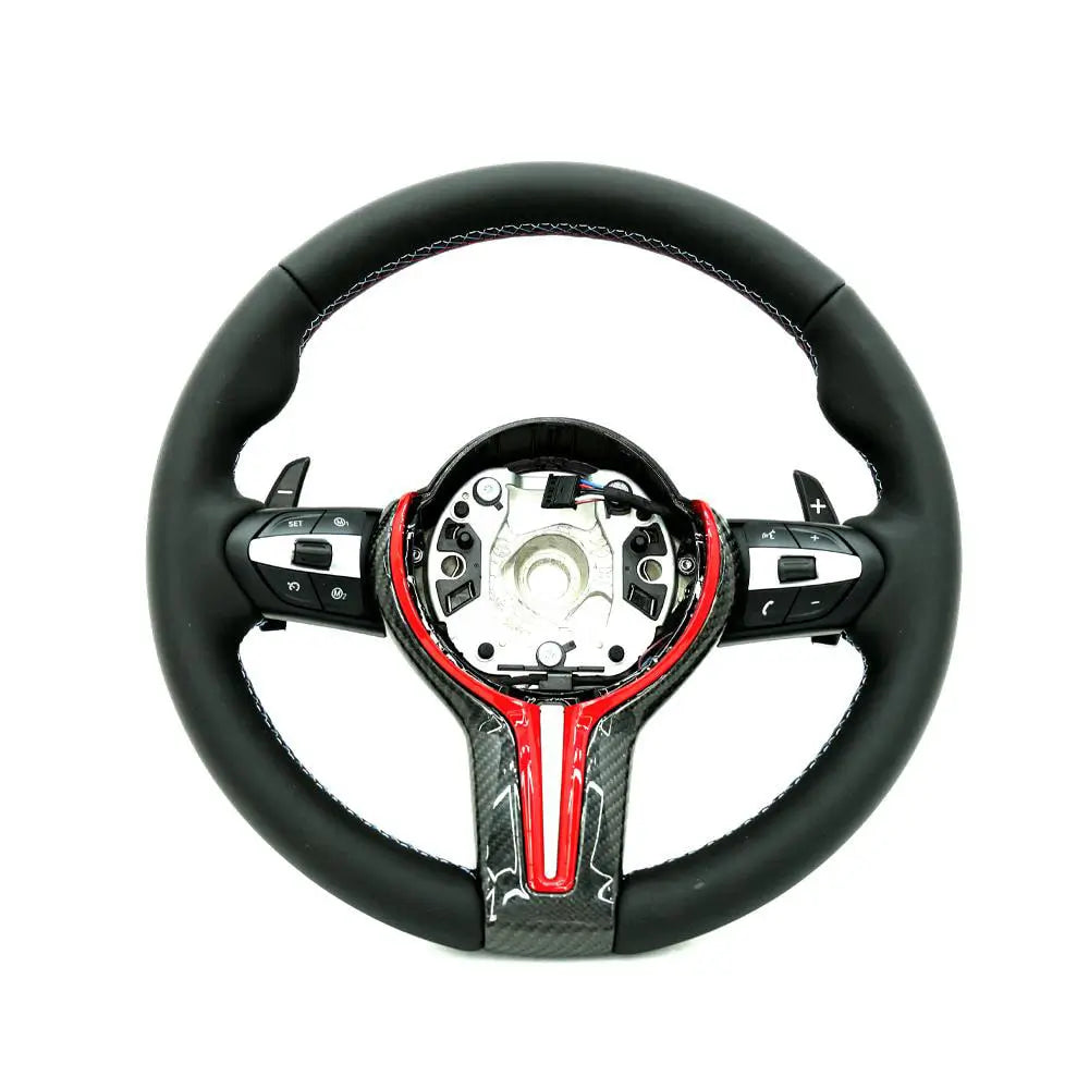 BMW Universal M Series F Series X3 F25 / X4 F26 / X5 F15 / X6 F16 & more Steel Fork Design Steering Wheel with Carbon Fiber trim cover Red/Blue (Paddles+Buttons+Carbon fiber Trim Cover+Flat Bottom)-Ahacarbon