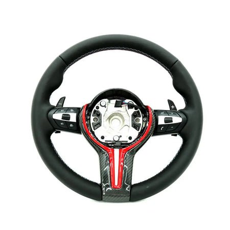 BMW Universal M Series F Series X3 F25 / X4 F26 / X5 F15 / X6 F16 & more Steel Fork Design Steering Wheel with Carbon Fiber trim cover Red/Blue (Paddles+Buttons+Carbon fiber Trim Cover+Flat Bottom)-Ahacarbon