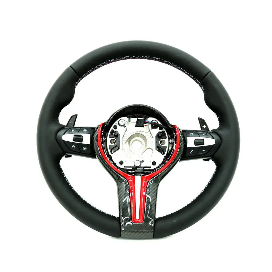 BMW Universal M Series F Series X3 F25 / X4 F26 / X5 F15 / X6 F16 & more Steel Fork Design Steering Wheel with Carbon Fiber trim cover Red/Blue (Paddles+Buttons+Carbon fiber Trim Cover+Flat Bottom)-Ahacarbon