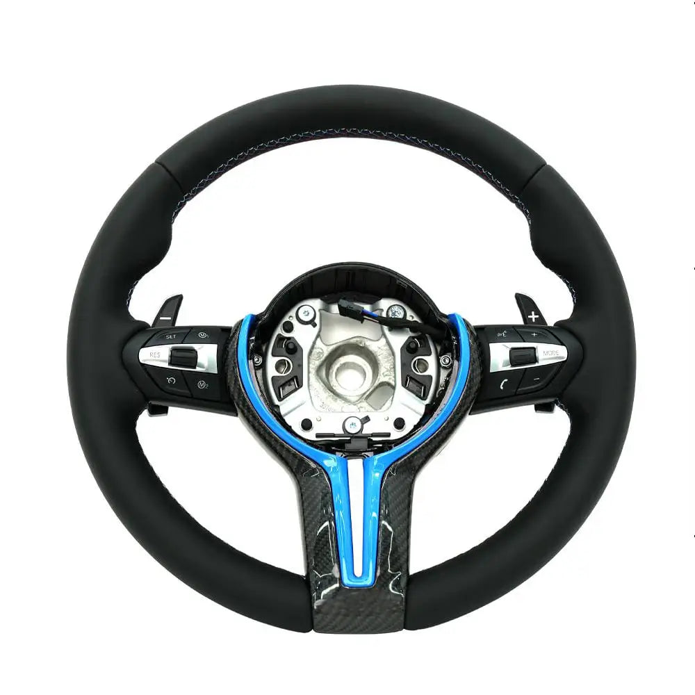 BMW Universal M Series F Series X3 F25 / X4 F26 / X5 F15 / X6 F16 & more Steel Fork Design Steering Wheel with Carbon Fiber trim cover Red/Blue (Paddles+Buttons+Carbon fiber Trim Cover+Flat Bottom)-Ahacarbon