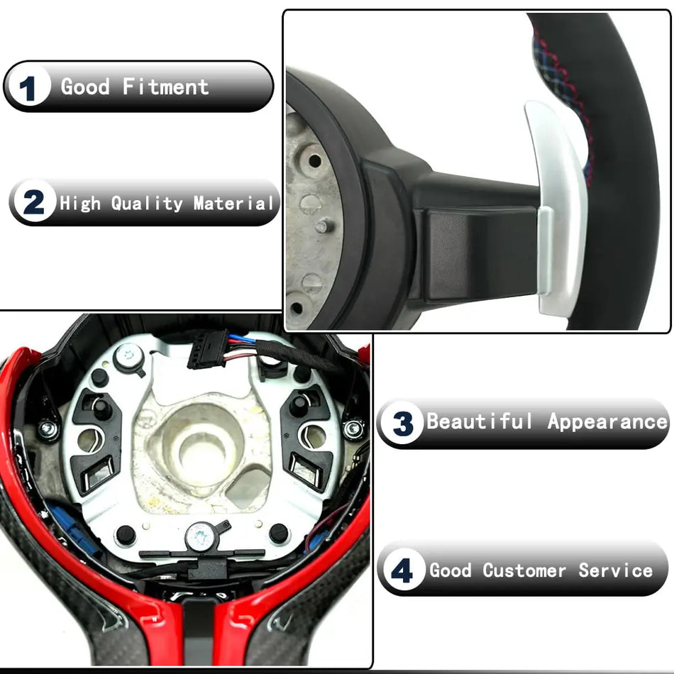BMW Universal M Series F Series X3 F25 / X4 F26 / X5 F15 / X6 F16 & more Steel Fork Design Steering Wheel with Carbon Fiber trim cover Red/Blue (Paddles+Buttons+Carbon fiber Trim Cover+Flat Bottom)-Ahacarbon
