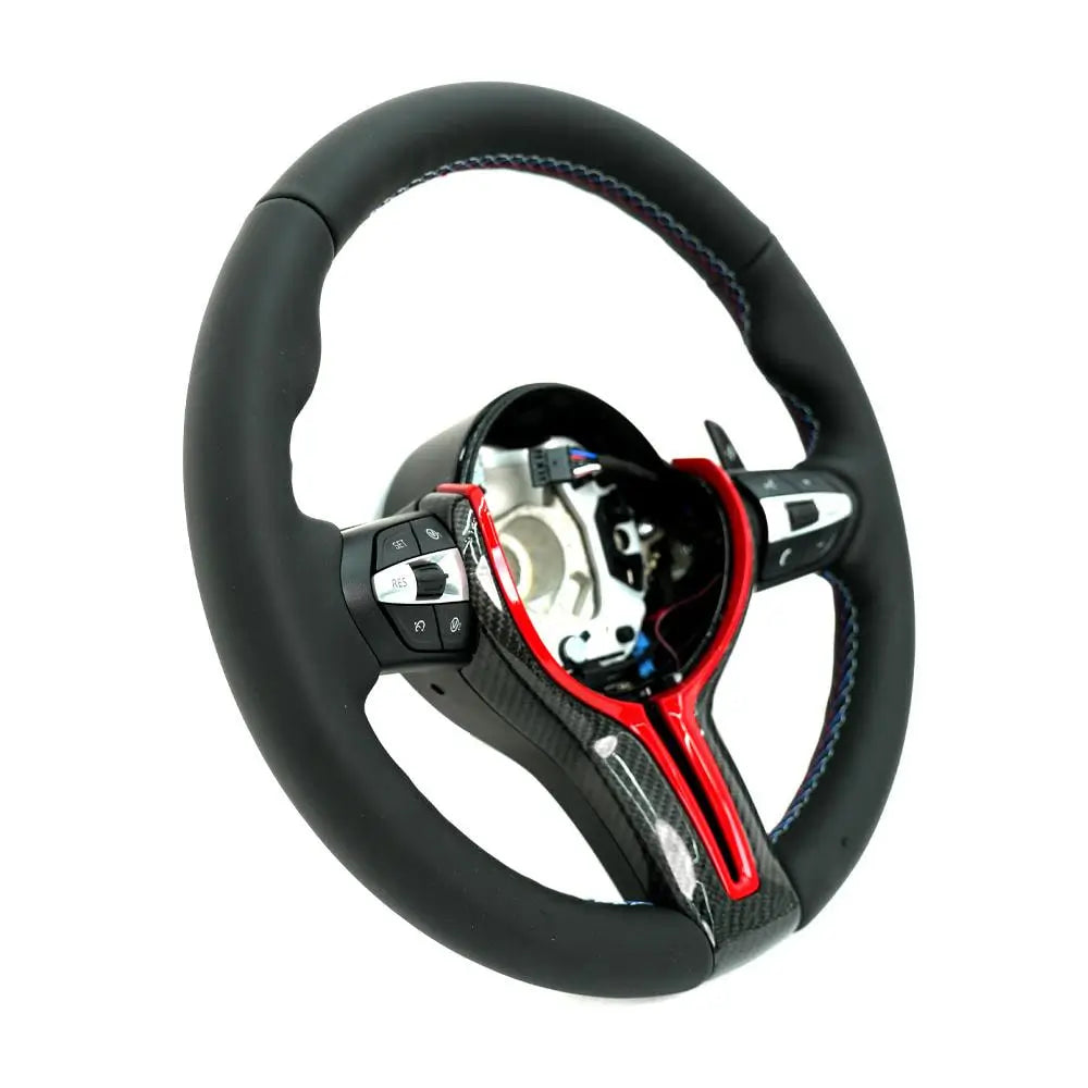 BMW Universal M Series F Series X3 F25 / X4 F26 / X5 F15 / X6 F16 & more Steel Fork Design Steering Wheel with Carbon Fiber trim cover Red/Blue (Paddles+Buttons+Carbon fiber Trim Cover+Flat Bottom)-Ahacarbon