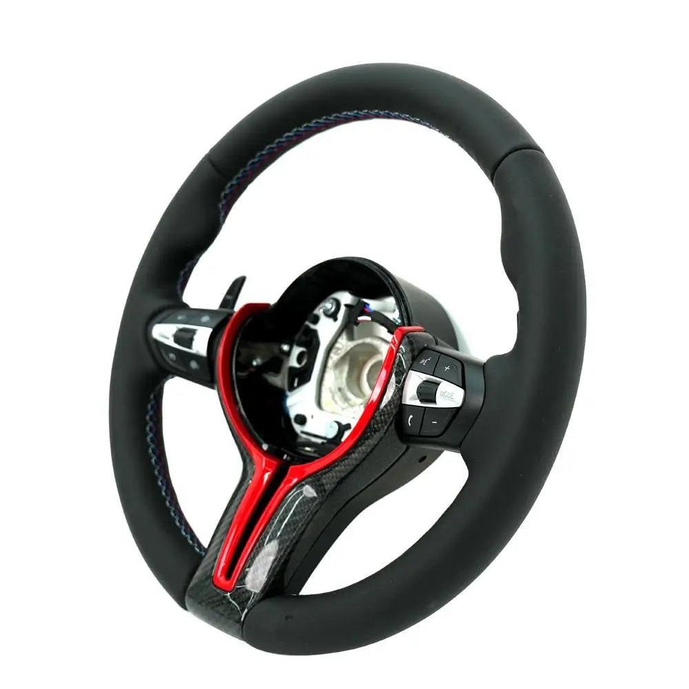 BMW Universal M Series F Series X3 F25 / X4 F26 / X5 F15 / X6 F16 & more Steel Fork Design Steering Wheel with Carbon Fiber trim cover Red/Blue (Paddles+Buttons+Carbon fiber Trim Cover+Flat Bottom)-Ahacarbon