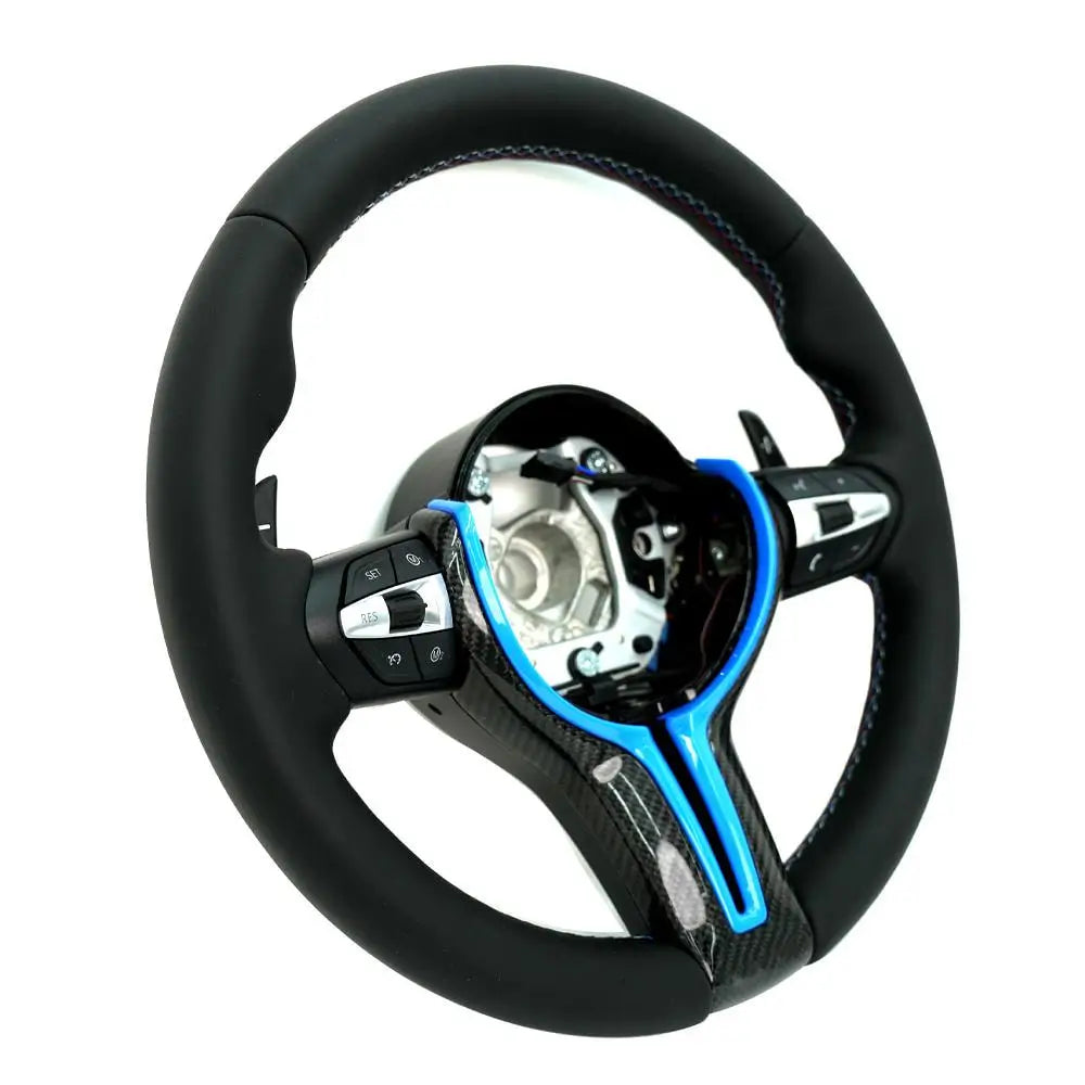BMW Universal M Series F Series X3 F25 / X4 F26 / X5 F15 / X6 F16 & more Steel Fork Design Steering Wheel with Carbon Fiber trim cover Red/Blue (Paddles+Buttons+Carbon fiber Trim Cover+Flat Bottom)-Ahacarbon
