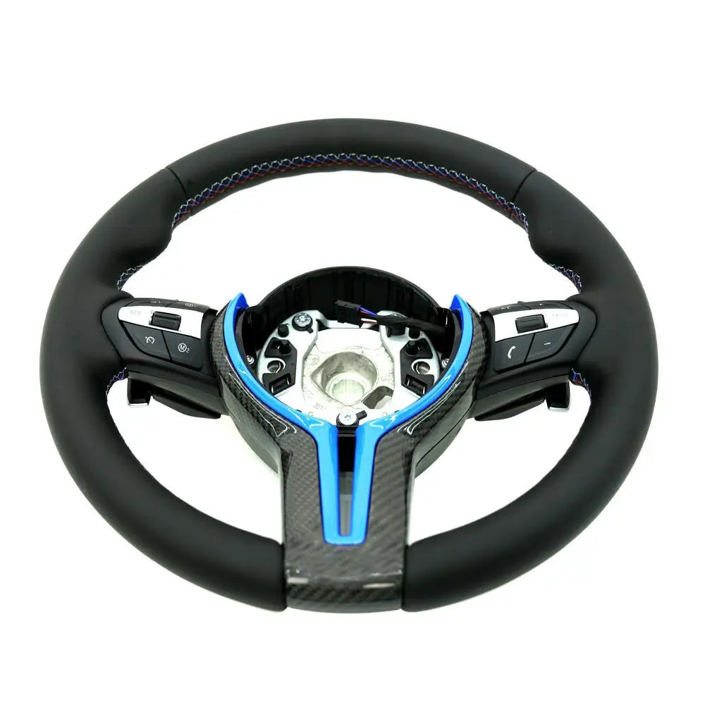 BMW Universal M Series F Series X3 F25 / X4 F26 / X5 F15 / X6 F16 & more Steel Fork Design Steering Wheel with Carbon Fiber trim cover Red/Blue (Paddles+Buttons+Carbon fiber Trim Cover+Flat Bottom)-Ahacarbon