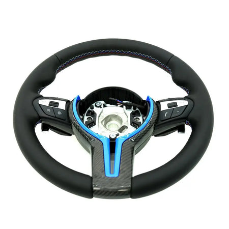 BMW Universal M Series F Series X3 F25 / X4 F26 / X5 F15 / X6 F16 & more Steel Fork Design Steering Wheel with Carbon Fiber trim cover Red/Blue (Paddles+Buttons+Carbon fiber Trim Cover+Flat Bottom)-Ahacarbon
