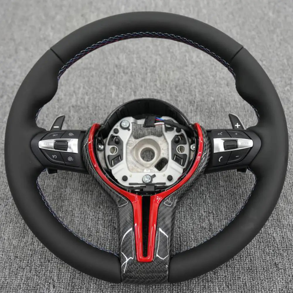 BMW Universal M Series F Series X3 F25 / X4 F26 / X5 F15 / X6 F16 & more Steel Fork Design Steering Wheel with Carbon Fiber trim cover Red/Blue (Paddles+Buttons+Carbon fiber Trim Cover+Flat Bottom)-Ahacarbon