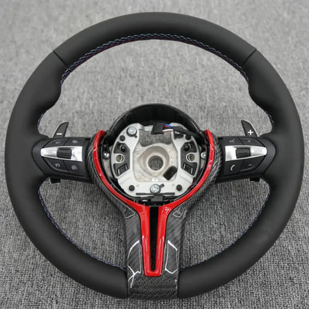 BMW Universal M Series F Series X3 F25 / X4 F26 / X5 F15 / X6 F16 & more Steel Fork Design Steering Wheel with Carbon Fiber trim cover Red/Blue (Paddles+Buttons+Carbon fiber Trim Cover+Flat Bottom)-Ahacarbon