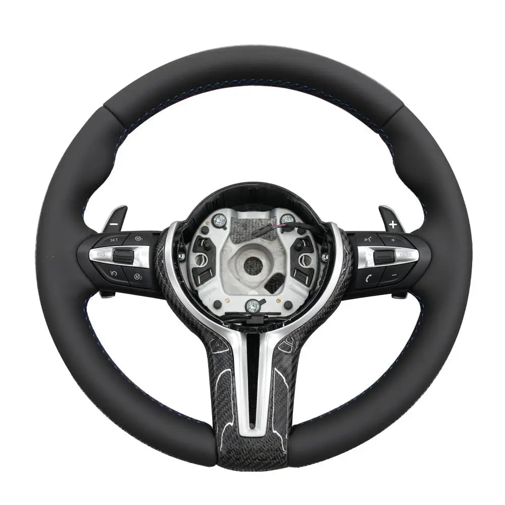 BMW Universal M series M3 M4 F series F30 F10 F15 F16 Leather Steering Wheel Upgraded with Carbon Fiber Steering Wheel Trim Cover (Paddles+Buttons+Carbon fiber Trim Cover+Flat Bottom)-Ahacarbon