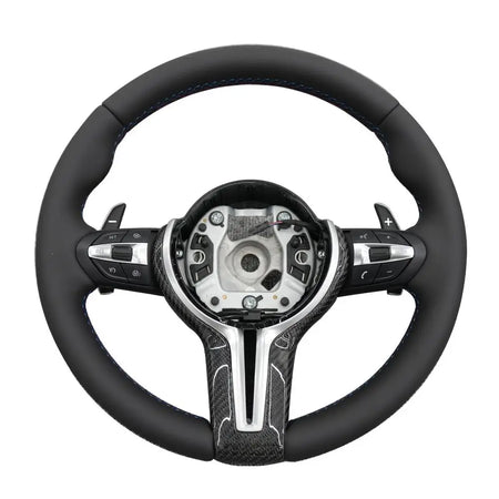 BMW Universal M series M3 M4 F series F30 F10 F15 F16 Leather Steering Wheel Upgraded with Carbon Fiber Steering Wheel Trim Cover (Paddles+Buttons+Carbon fiber Trim Cover+Flat Bottom)-Ahacarbon