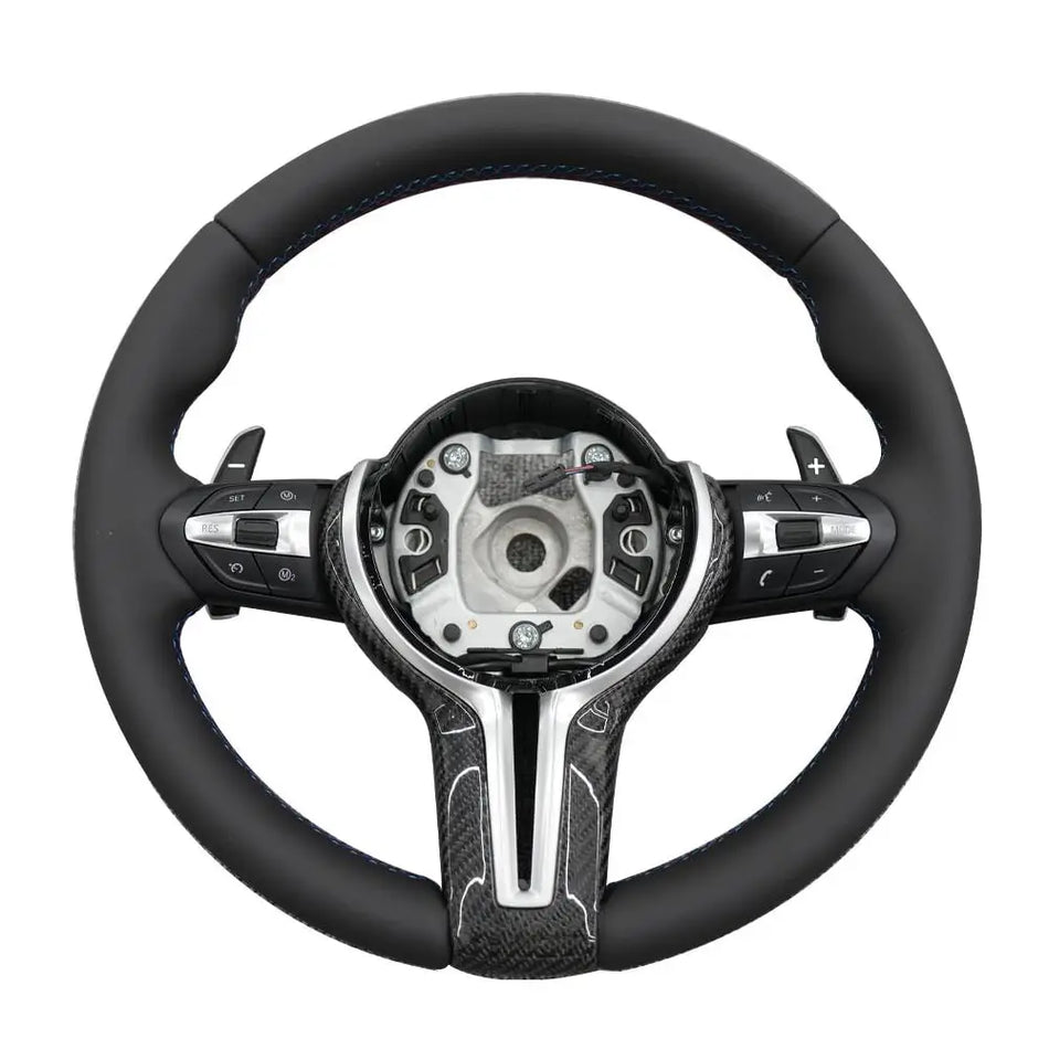 BMW Universal M series M3 M4 F series F30 F10 F15 F16 Leather Steering Wheel Upgraded with Carbon Fiber Steering Wheel Trim Cover (Paddles+Buttons+Carbon fiber Trim Cover+Flat Bottom)-Ahacarbon