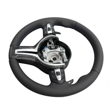 BMW Universal M series M3 M4 F series F30 F10 F15 F16 Leather Steering Wheel Upgraded with Carbon Fiber Steering Wheel Trim Cover (Paddles+Buttons+Carbon fiber Trim Cover+Flat Bottom)-Ahacarbon
