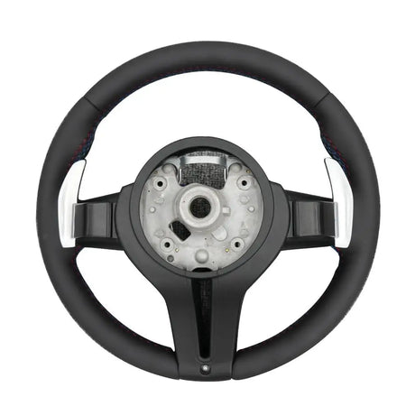 BMW Universal M series M3 M4 F series F30 F10 F15 F16 Leather Steering Wheel Upgraded with Carbon Fiber Steering Wheel Trim Cover (Paddles+Buttons+Carbon fiber Trim Cover+Flat Bottom)-Ahacarbon