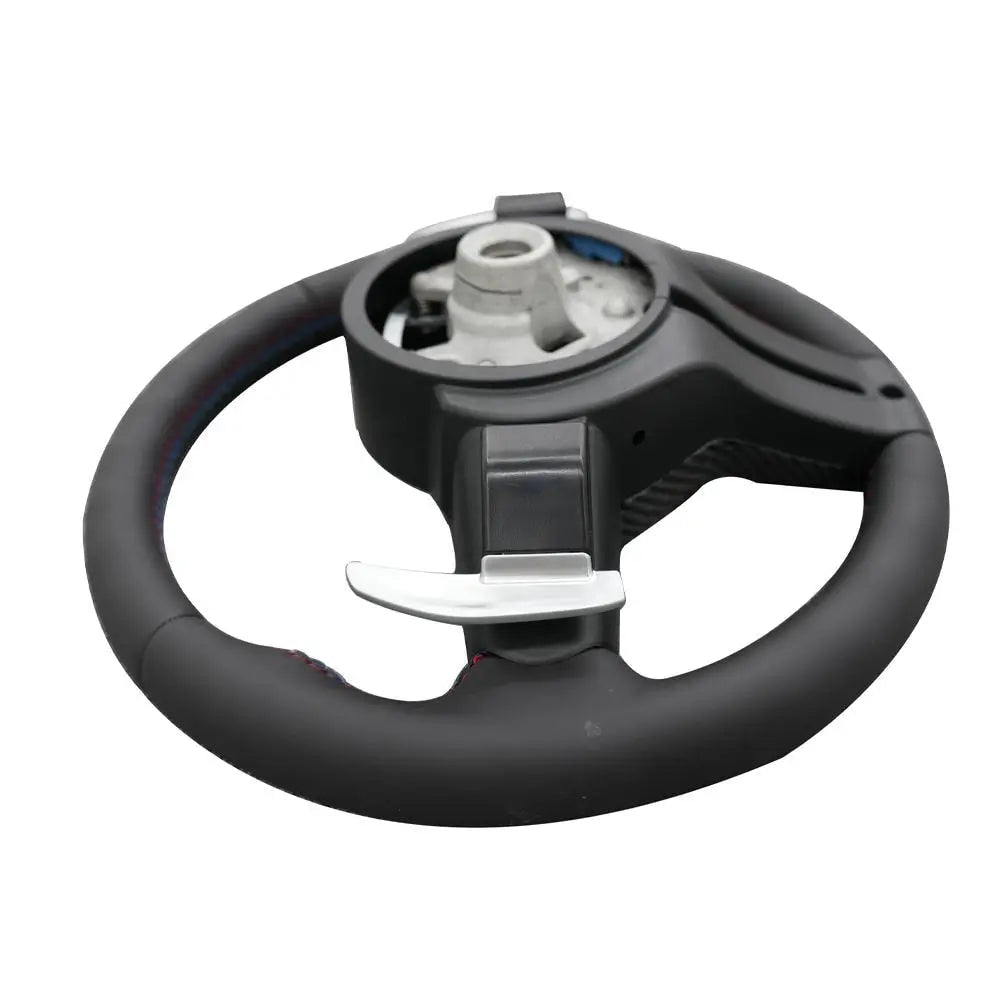 BMW Universal M series M3 M4 F series F30 F10 F15 F16 Leather Steering Wheel Upgraded with Carbon Fiber Steering Wheel Trim Cover (Paddles+Buttons+Carbon fiber Trim Cover+Flat Bottom)-Ahacarbon