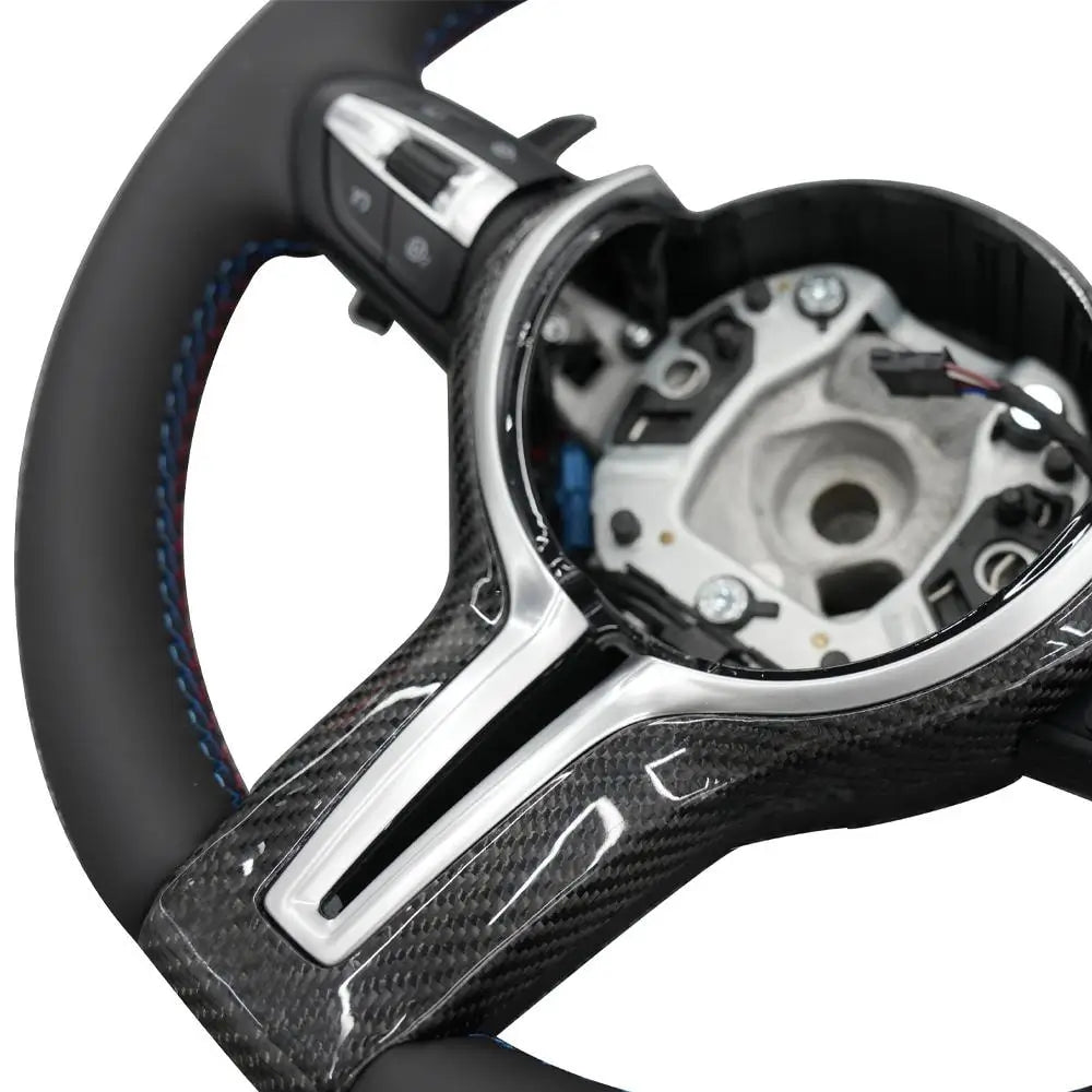 BMW Universal M series M3 M4 F series F30 F10 F15 F16 Leather Steering Wheel Upgraded with Carbon Fiber Steering Wheel Trim Cover (Paddles+Buttons+Carbon fiber Trim Cover+Flat Bottom)-Ahacarbon