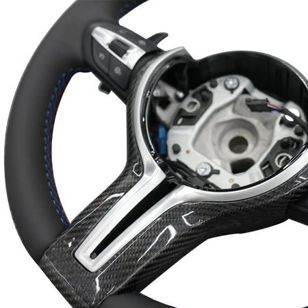 BMW Universal M series M3 M4 F series F30 F10 F15 F16 Leather Steering Wheel Upgraded with Carbon Fiber Steering Wheel Trim Cover (Paddles+Buttons+Carbon fiber Trim Cover+Flat Bottom)-Ahacarbon
