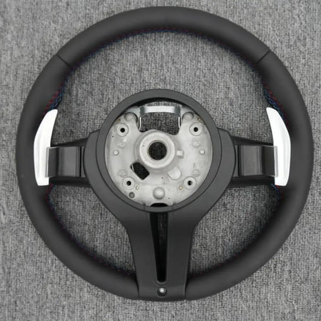 BMW Universal M series M3 M4 F series F30 F10 F15 F16 Leather Steering Wheel Upgraded with Carbon Fiber Steering Wheel Trim Cover (Paddles+Buttons+Carbon fiber Trim Cover+Flat Bottom)-Ahacarbon