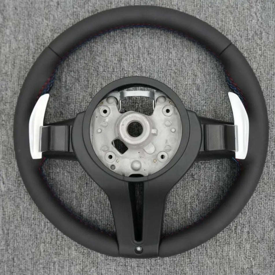 BMW Universal M series M3 M4 F series F30 F10 F15 F16 Leather Steering Wheel Upgraded with Carbon Fiber Steering Wheel Trim Cover (Paddles+Buttons+Carbon fiber Trim Cover+Flat Bottom)-Ahacarbon