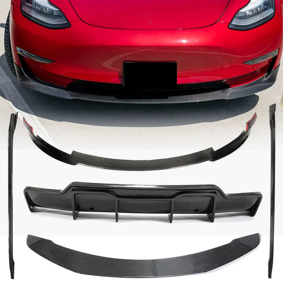 Tesla Model 3 2017-2022 Front Bumper Lip Side Skirts Rear Diffuser Rear Trunk Spoiler Carbon Fiber-Ahacarbon