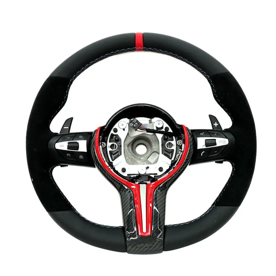 BMW Universal M series M3 M4 F series F30 F10 F15 F16 Alcantara Leather Steering Wheel Upgraded with Carbon Fiber Steering Wheel Trim Cover Red/Blue (Paddles+Buttons+Carbon fiber Trim Cover+Flat Bottom)-Ahacarbon