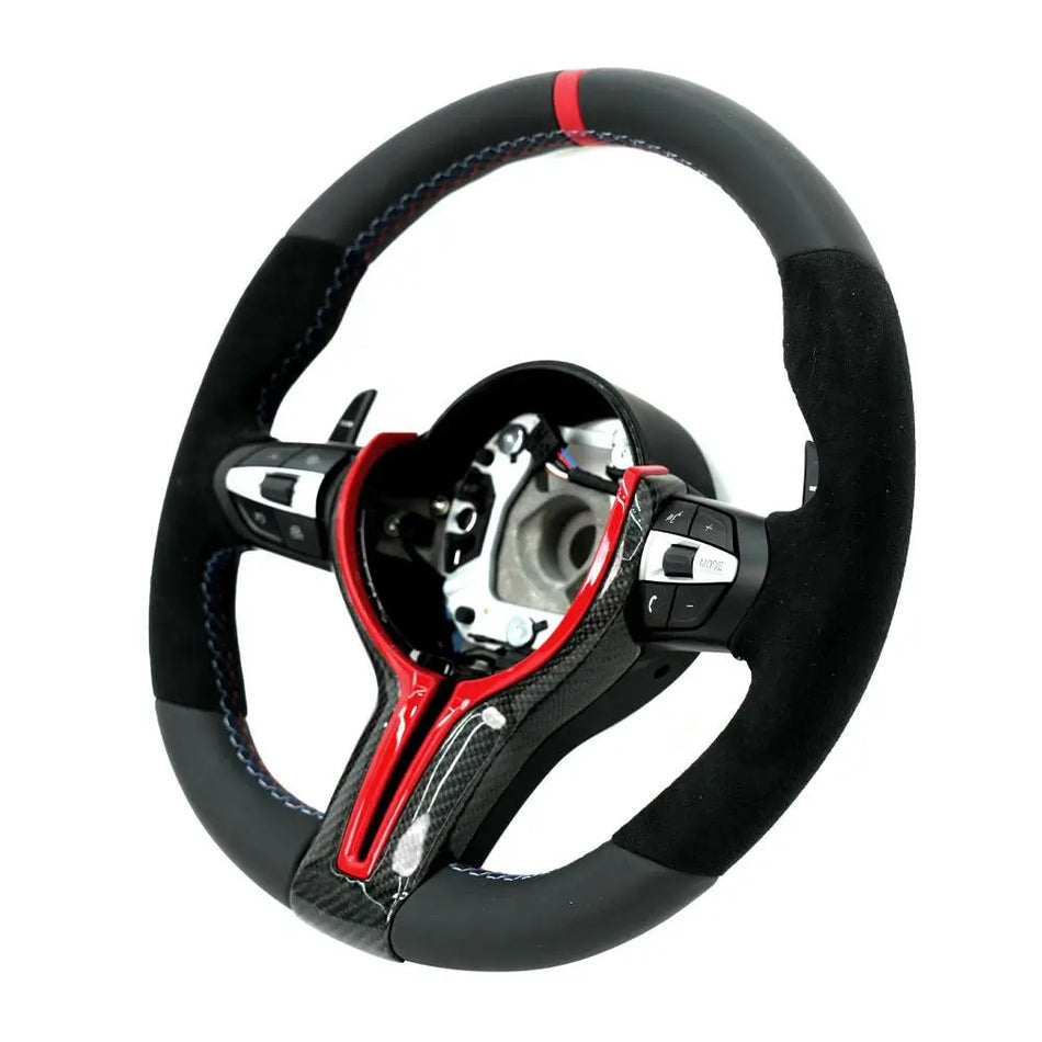BMW Universal M series M3 M4 F series F30 F10 F15 F16 Alcantara Leather Steering Wheel Upgraded with Carbon Fiber Steering Wheel Trim Cover Red/Blue (Paddles+Buttons+Carbon fiber Trim Cover+Flat Bottom)-Ahacarbon