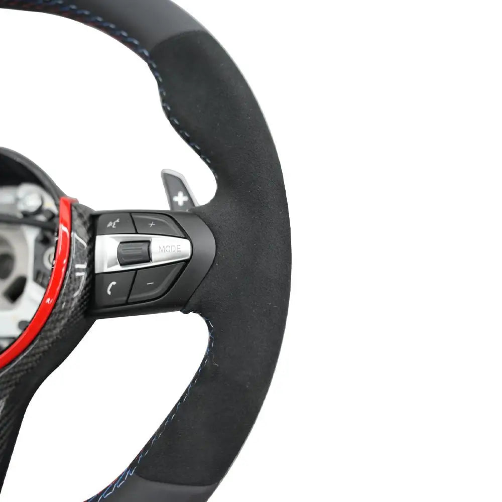 BMW Universal M series M3 M4 F series F30 F10 F15 F16 Alcantara Leather Steering Wheel Upgraded with Carbon Fiber Steering Wheel Trim Cover Red/Blue (Paddles+Buttons+Carbon fiber Trim Cover+Flat Bottom)-Ahacarbon