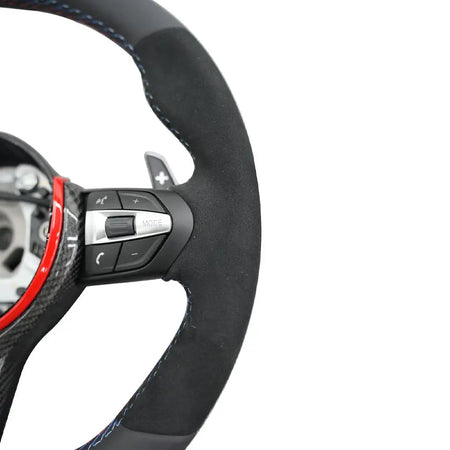BMW Universal M series M3 M4 F series F30 F10 F15 F16 Alcantara Leather Steering Wheel Upgraded with Carbon Fiber Steering Wheel Trim Cover Red/Blue (Paddles+Buttons+Carbon fiber Trim Cover+Flat Bottom)-Ahacarbon
