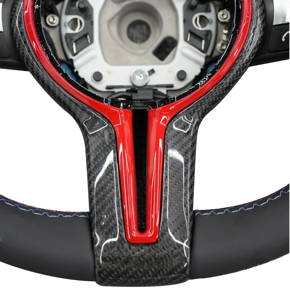 BMW Universal M series M3 M4 F series F30 F10 F15 F16 Alcantara Leather Steering Wheel Upgraded with Carbon Fiber Steering Wheel Trim Cover Red/Blue (Paddles+Buttons+Carbon fiber Trim Cover+Flat Bottom)-Ahacarbon