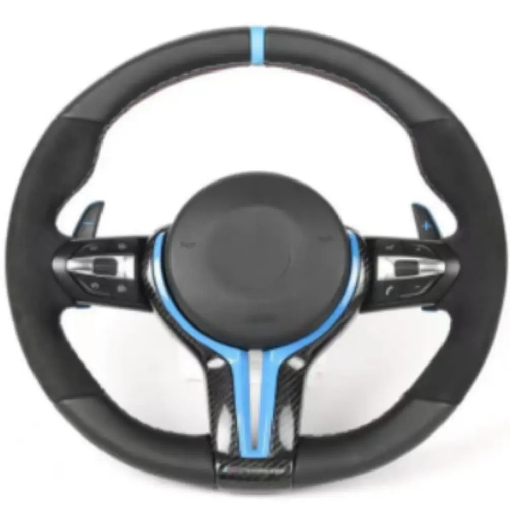 BMW Universal M series M3 M4 F series F30 F10 F15 F16 Alcantara Leather Steering Wheel Upgraded with Carbon Fiber Steering Wheel Trim Cover Red/Blue (Paddles+Buttons+Carbon fiber Trim Cover+Flat Bottom)-Ahacarbon