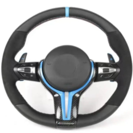 BMW Universal M series M3 M4 F series F30 F10 F15 F16 Alcantara Leather Steering Wheel Upgraded with Carbon Fiber Steering Wheel Trim Cover Red/Blue (Paddles+Buttons+Carbon fiber Trim Cover+Flat Bottom)-Ahacarbon