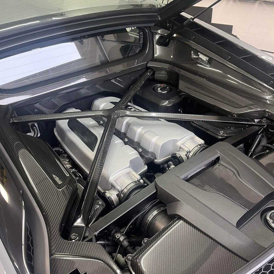 Gen 2 Audi R8 22-23 Engine Bay X-Brace Strut Bar Trim Dry Carbon Fiber-Ahacarbon