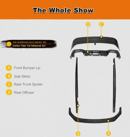 Volkswagen VW Golf 8 MK8 R 2021+ Front Bumper Lip Side Skirts Rear Diffuser Rear Trunk Spoiler Carbon Fiber-Ahacarbon