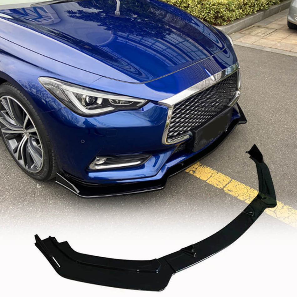 Infiniti Q60 Q60S Coupe 2-Door 2016-2019 Front Bumper Lip 3Pcs Glossy Black ABS-Ahacarbon