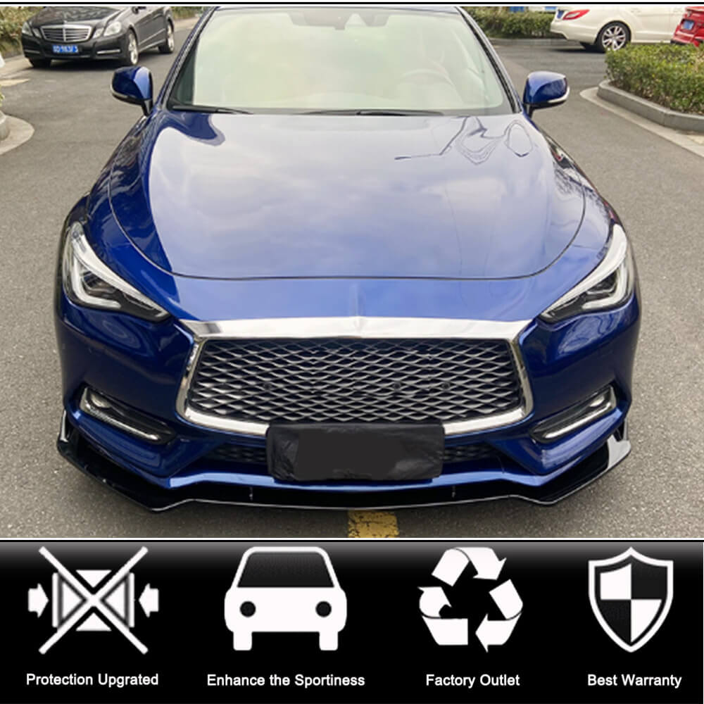 Infiniti Q60 Q60S Coupe 2-Door 2016-2019 Front Bumper Lip 3Pcs Glossy Black ABS-Ahacarbon