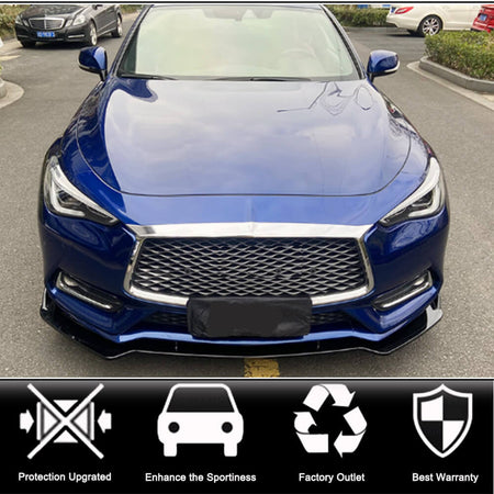 Infiniti Q60 Q60S Coupe 2-Door 2016-2019 Front Bumper Lip 3Pcs Glossy Black ABS-Ahacarbon
