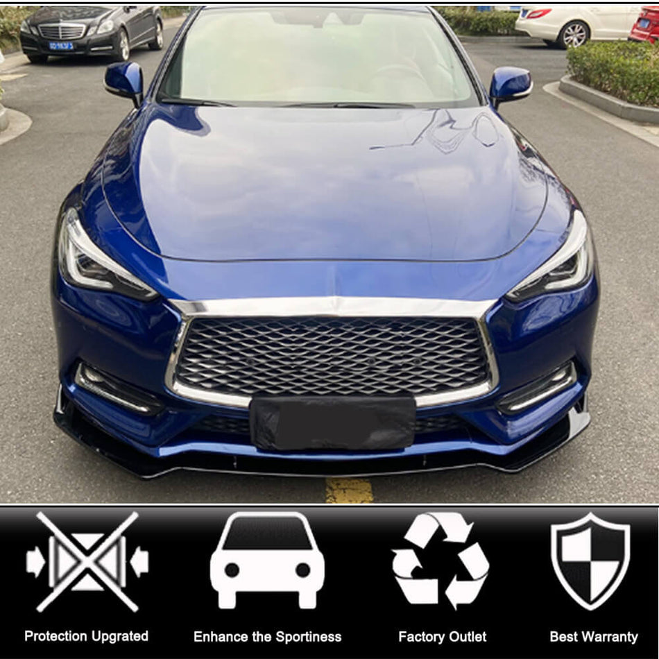 Infiniti Q60 Q60S Coupe 2-Door 2016-2019 Front Bumper Lip 3Pcs Glossy Black ABS-Ahacarbon
