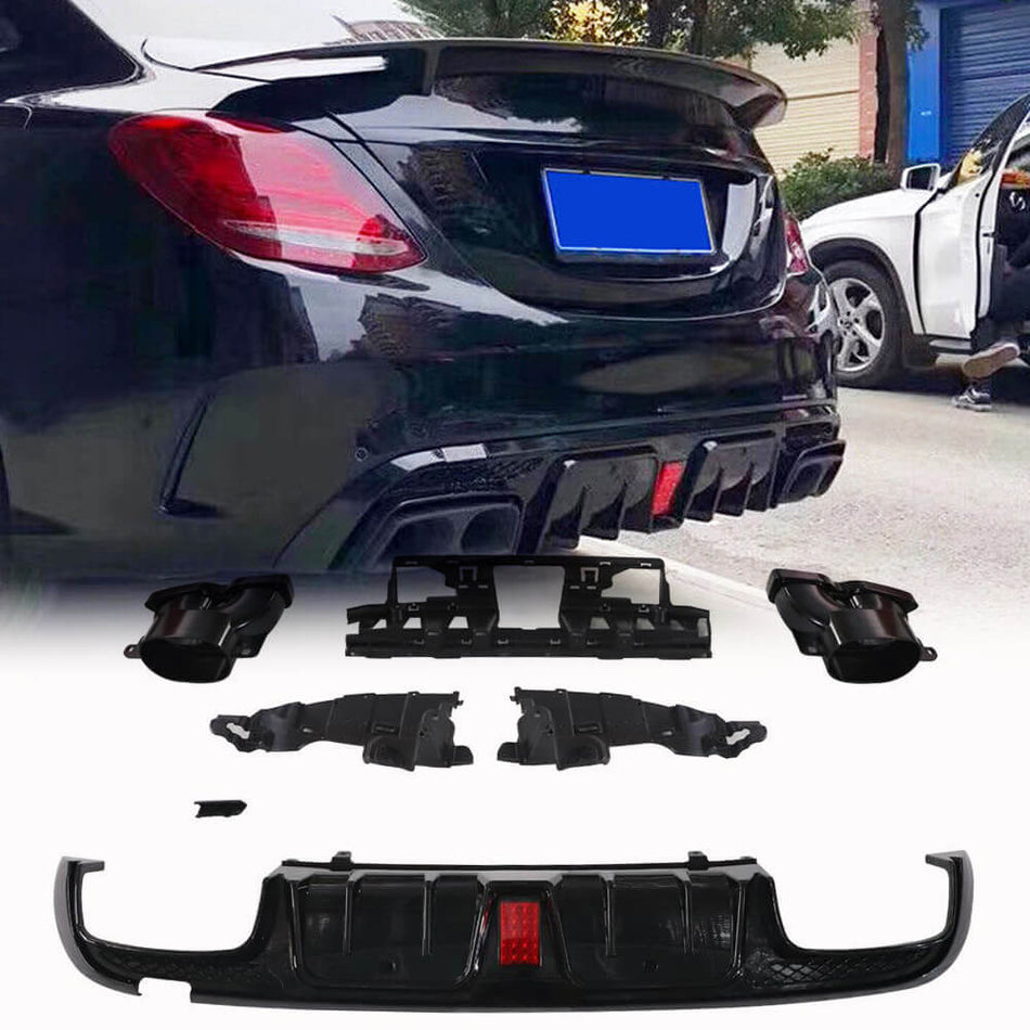 Mercedes Benz C Class W205 Sport C43 AMG Sedan 2015-2021 Black Rear Bumper Diffuser with Exhaust Tips-Ahacarbon