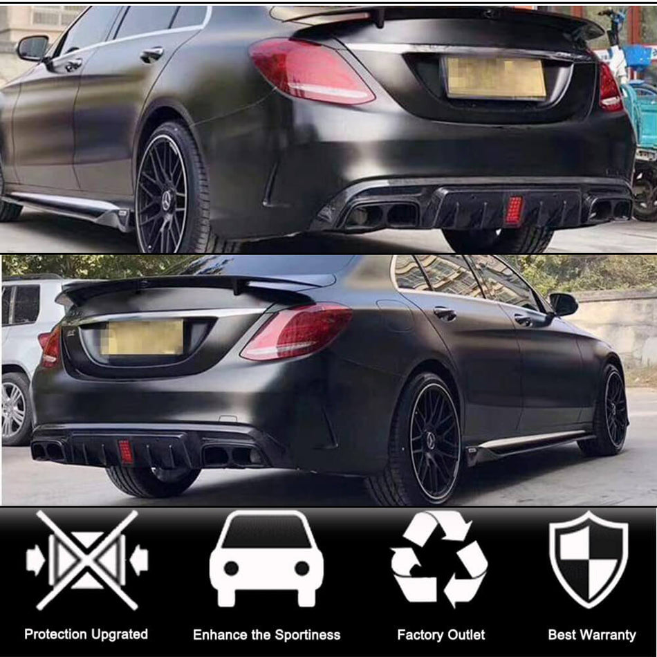 Mercedes Benz C Class W205 Sport C43 AMG Sedan 2015-2021 Black Rear Bumper Diffuser with Exhaust Tips-Ahacarbon