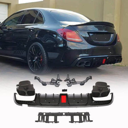 Mercedes Benz C Class W205 C200 C250 C300 C350 C400 Sport C43 AMG Sedan 2014-2019 Carbon look Rear Bumper Diffuser with Exhaust Tips PP-Ahacarbon