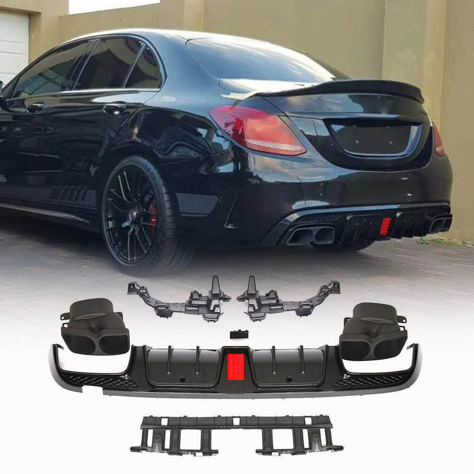 Mercedes Benz C Class W205 C200 C250 C300 C350 C400 Sport C43 AMG Sedan 2014-2019 Carbon look Rear Bumper Diffuser with Exhaust Tips PP-Ahacarbon