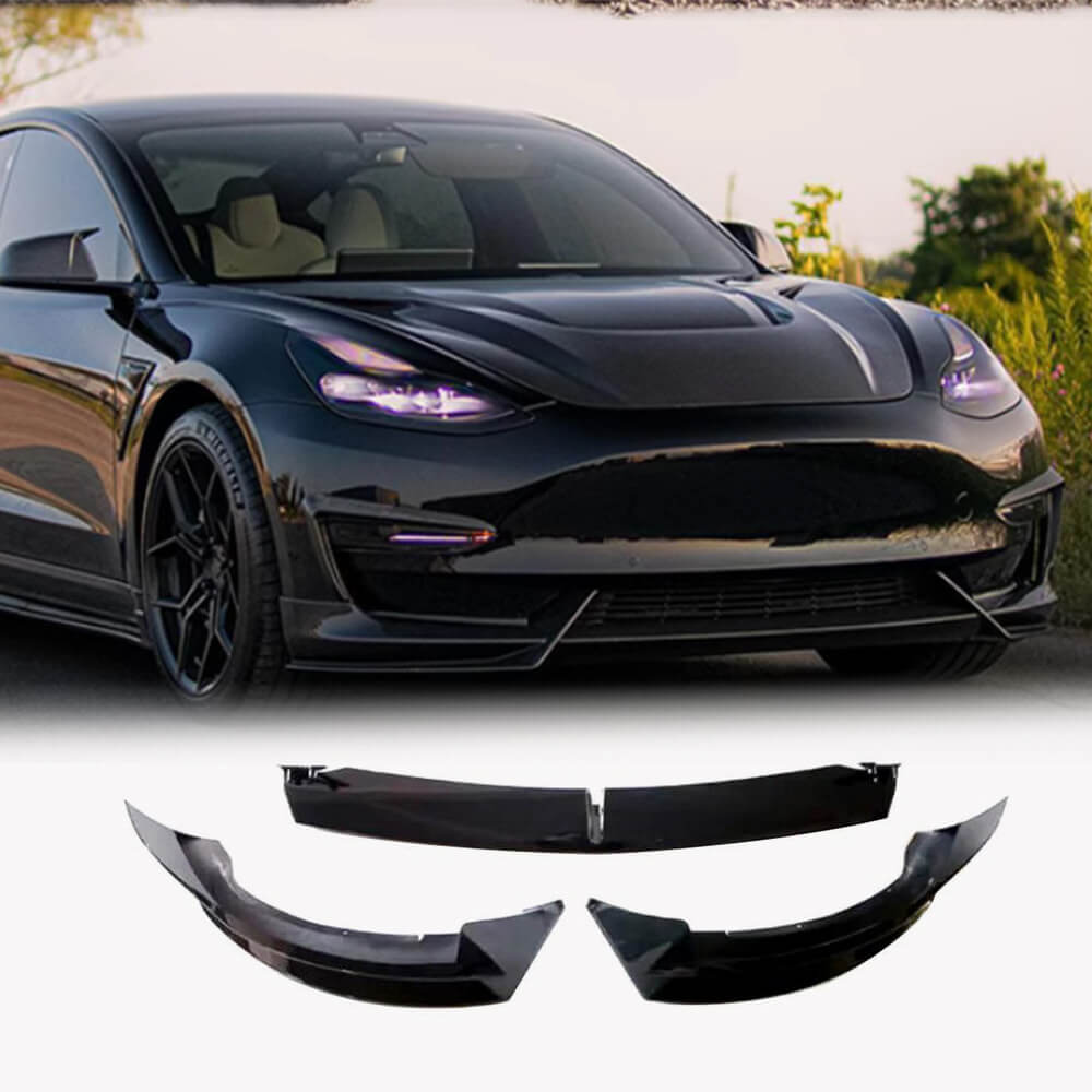 Tesla Model 3 2017-2023 Front Bumper Lip Gloss Black ABS 3PCS-Ahacarbon