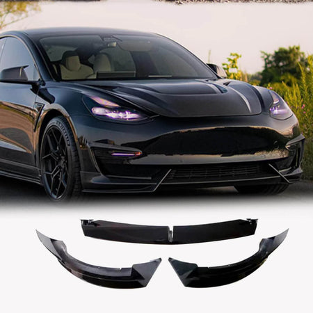 Tesla Model 3 2017-2023 Front Bumper Lip Gloss Black ABS 3PCS-Ahacarbon