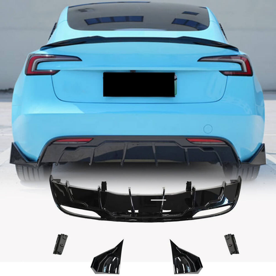 Tesla Model 3 2023-2025 Rear Bumper Diffuser Glossy Black ABS-Ahacarbon