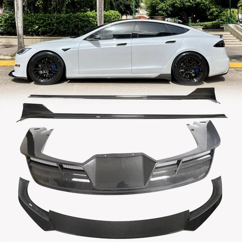 Tesla Model S 2021-2023 Front Bumper Lip Side Skirts Rear Diffuser Carbon Fiber-Ahacarbon