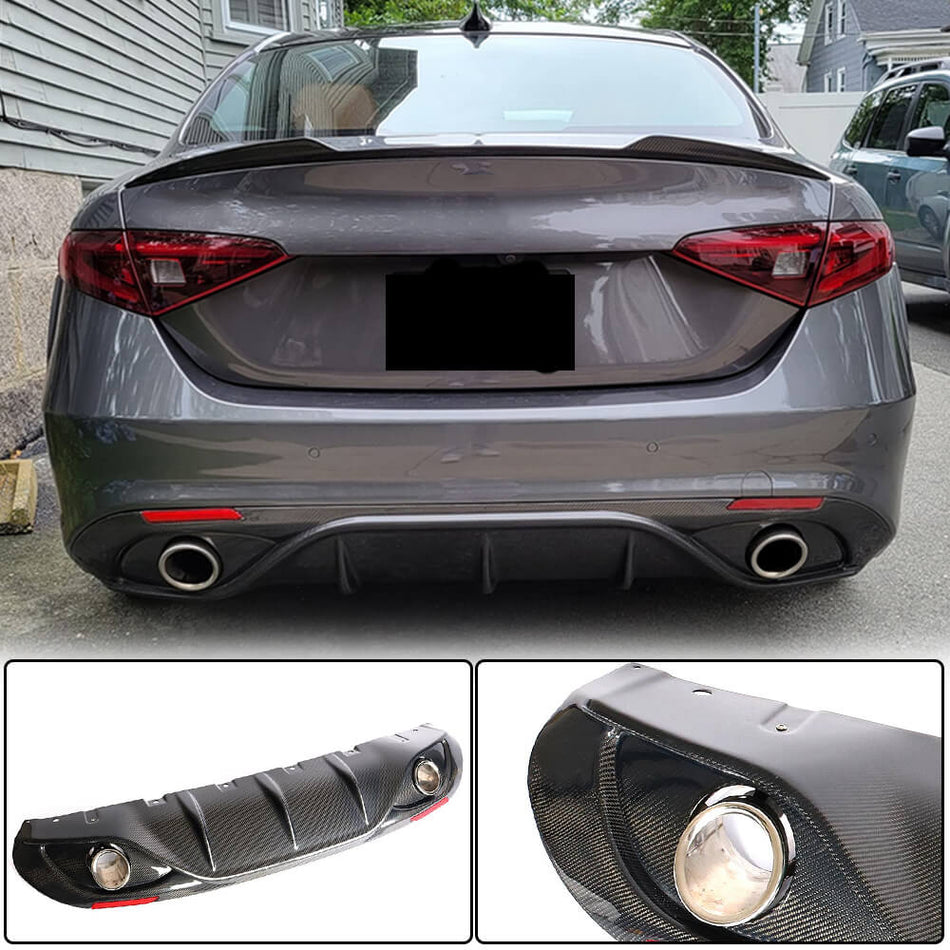 Alfa Romeo Giulia 952 Base 2015-2020 Rear Bumper Diffuser Lip W/ Exhaust Tips Tailpipe Carbon Fiber-Ahacarbon
