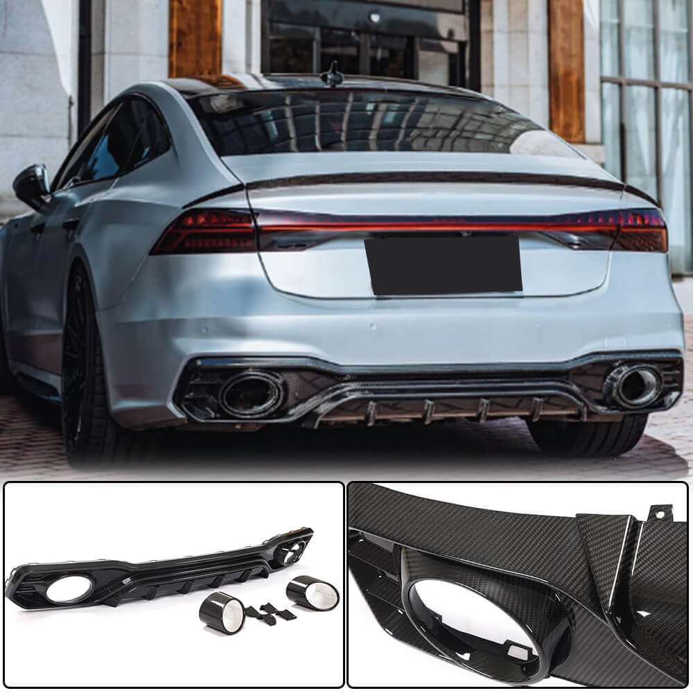 Audi S7 A7 Sline C8 2019-2022 Rear Bumper Diffuser Valance Lip with Exhaust Pipes Dry Carbon Fiber-Ahacarbon