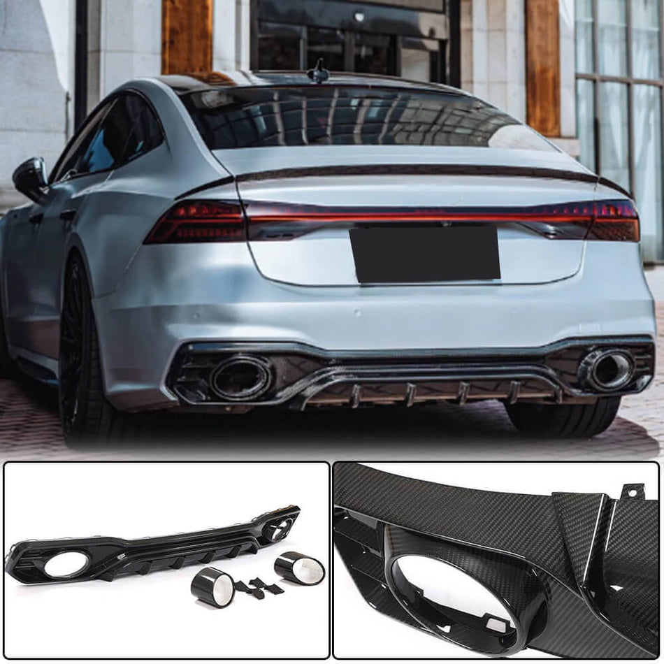 Audi S7 A7 Sline C8 2019-2022 Rear Bumper Diffuser Valance Lip with Exhaust Pipes Dry Carbon Fiber-Ahacarbon
