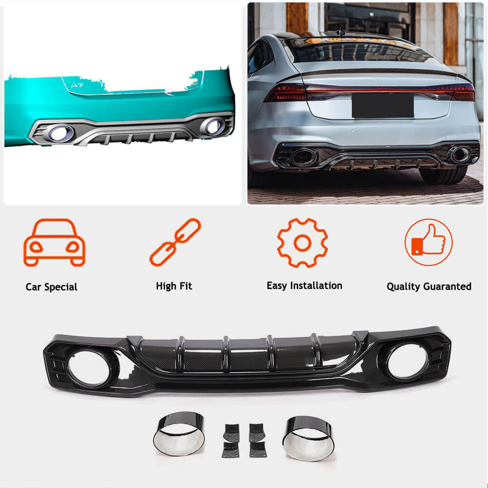 Audi S7 A7 Sline C8 2019-2022 Rear Bumper Diffuser Valance Lip with Exhaust Pipes Dry Carbon Fiber-Ahacarbon