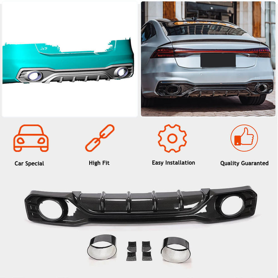 Audi S7 A7 Sline C8 2019-2022 Rear Bumper Diffuser Valance Lip with Exhaust Pipes Dry Carbon Fiber-Ahacarbon