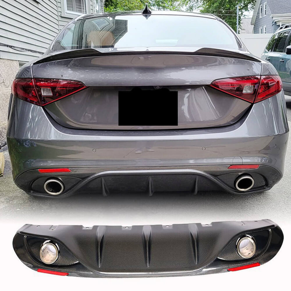 Alfa Romeo Giulia 952 Base 2015-2020 Rear Bumper Diffuser Lip W/ Exhaust Tips Tailpipe Carbon Fiber-Ahacarbon